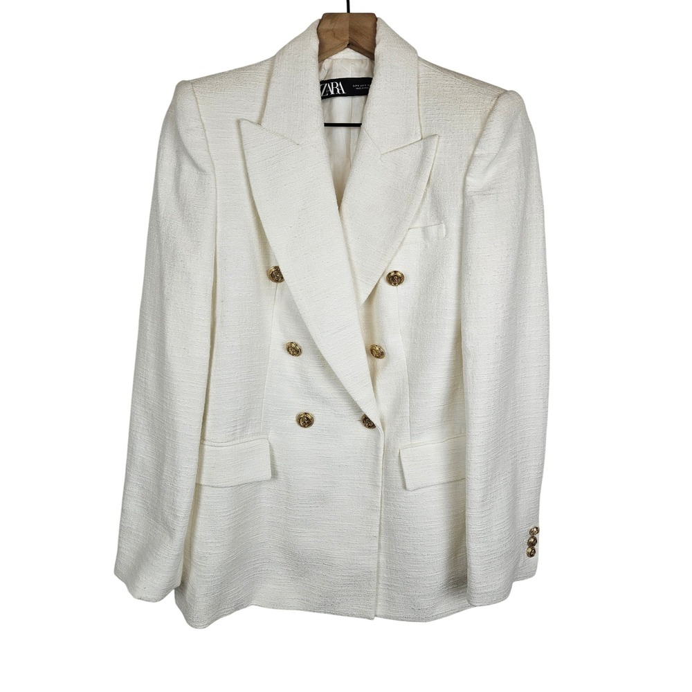 Zara white textured double-breasted‎ blazer with gold-tone buttons, size S